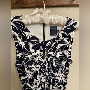 Women’s calf length sleeveless tropical navy blue dress